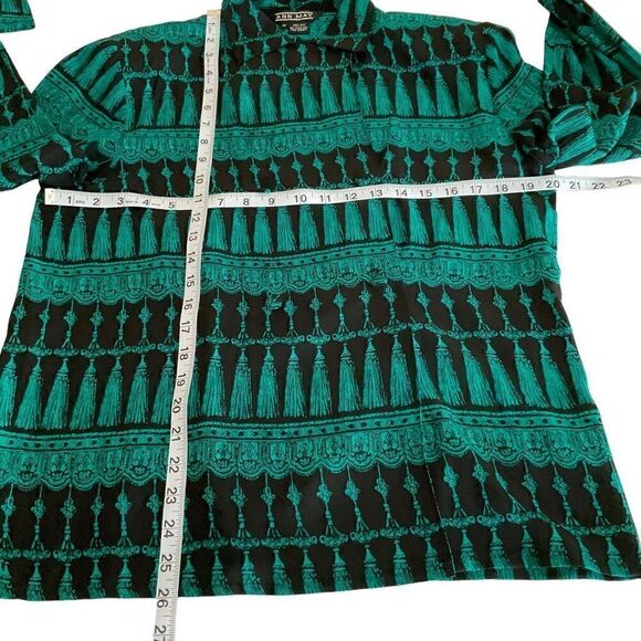 Ann May Blouse Silk Button Down Black Green Tassel Print Long Sleeve Medium - Picture 7 of 11